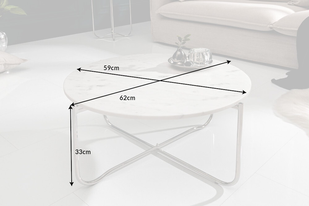 Runder Couchtisch NOBLE 65cm weiß Marmor abnehmbare Tischplatte klappbar silber Metall