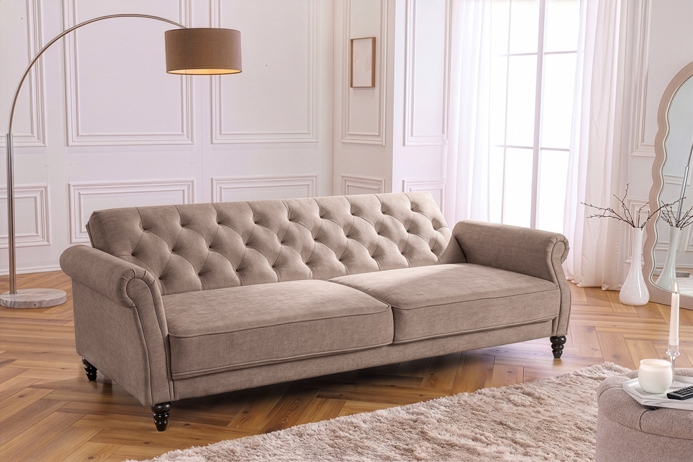 Schlafsofa MAISON BELLE AFFAIRE 220cm greige Vogue Seiden Samtstoff 3-Sitzer