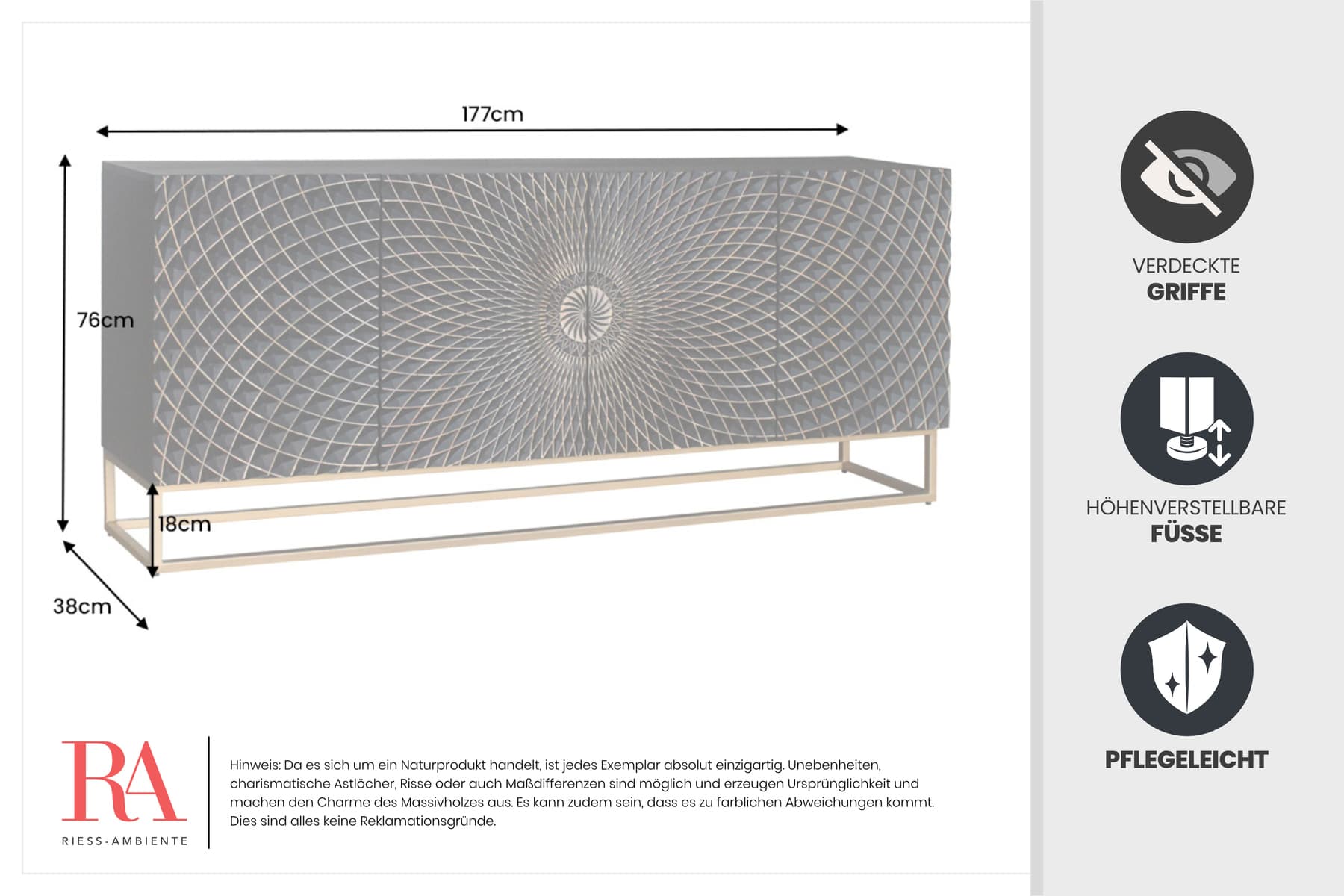 Design Sideboard ILLUSION 180cm schwarz Mangoholz Massivholz mit 3D Schnitzereien gold Eisen Metallgestell
