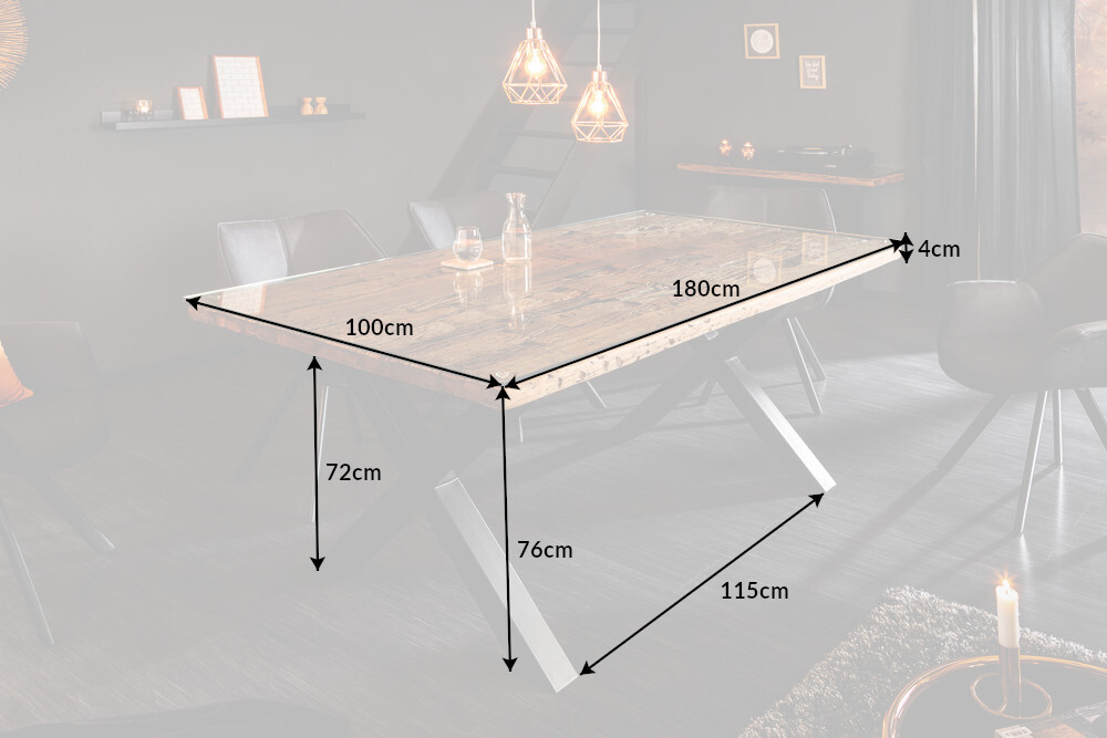 Massiver Esstisch BARRACUDA 180cm Teakholz inkl. Glasplatte mit X-Gestell