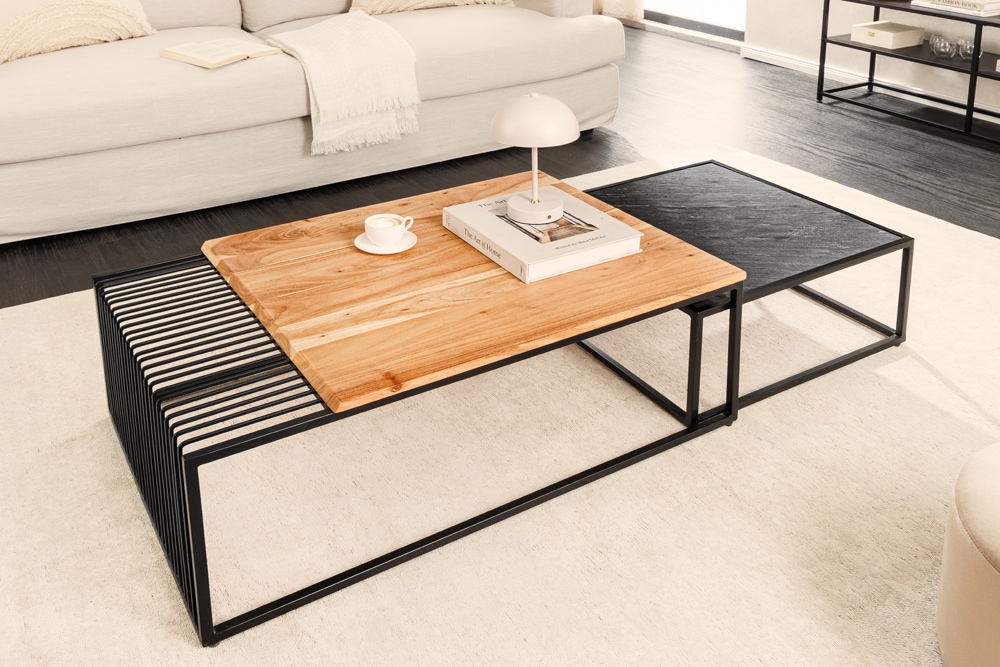 2er Set Couchtische ARCHITECTURE 90cm natur Akazienholz schwarz Steinfurnier Metall