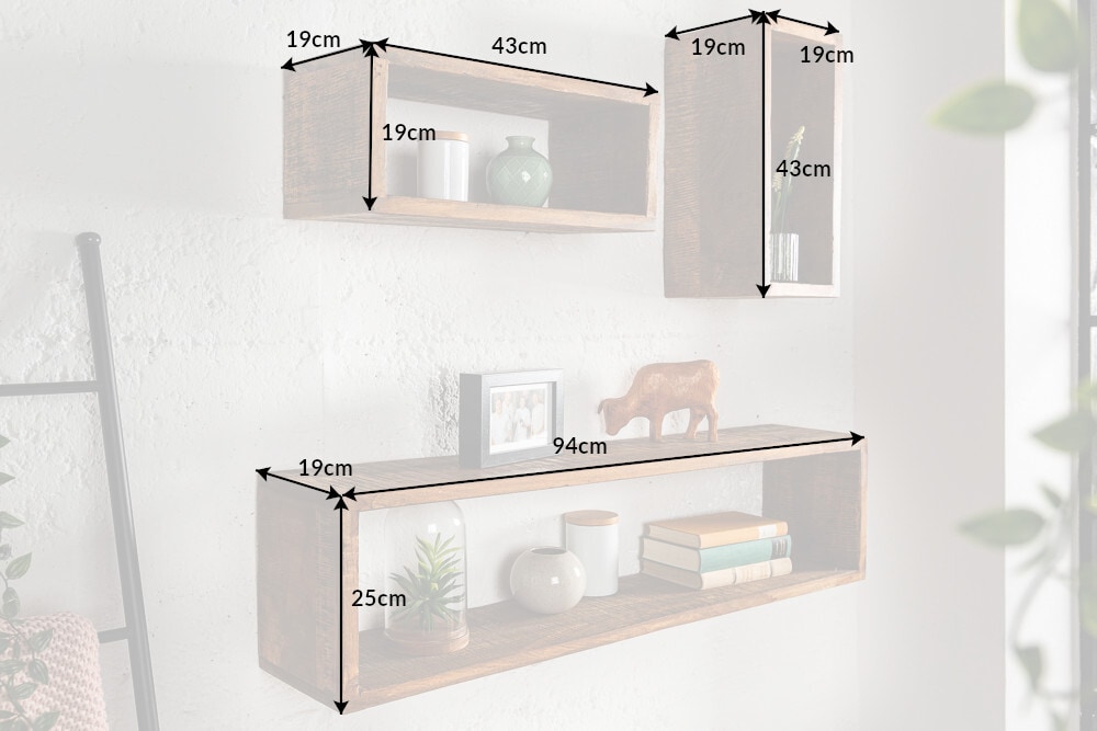 Massives Wandregal 3er Set HEMINGWAY 94cm braun aus Mangoholz
