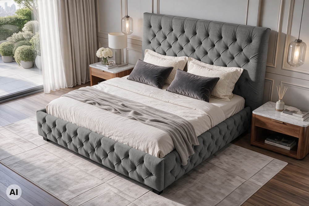 Design Boxbett PARIS 180x200cm grau Leinen Chesterfield Doppelbett