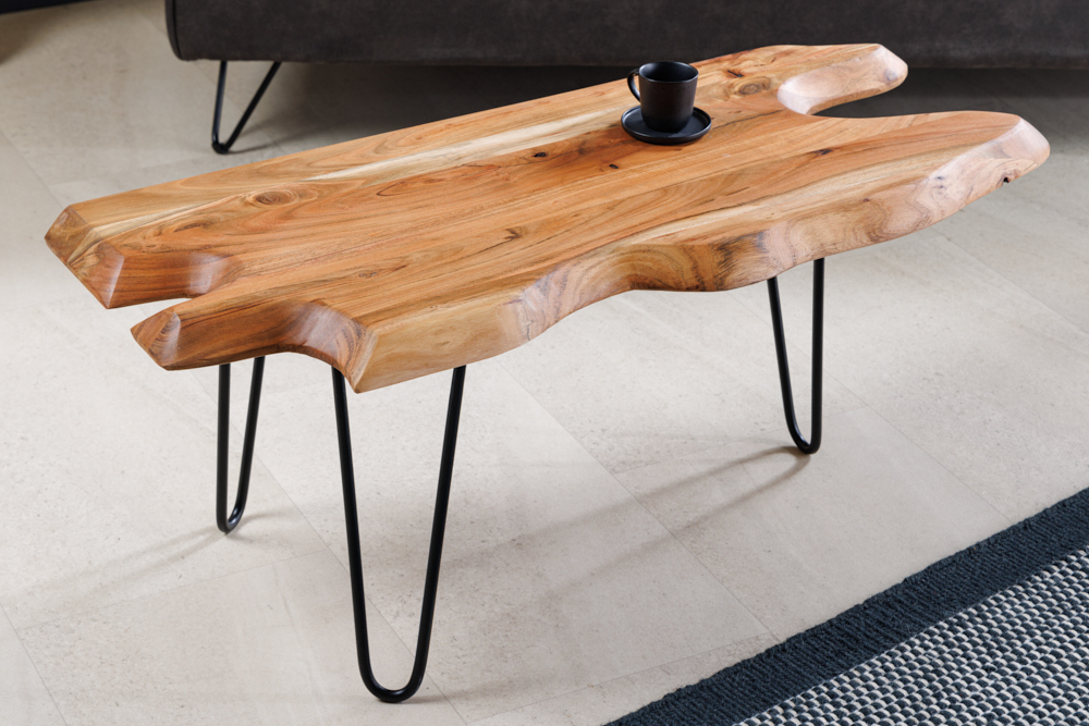 Massivholz Couchtisch WILD 100cm Akazie natur Hairpin Legs Baumkante