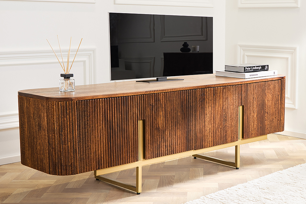 Design TV Board GATSBY 160cm braun mattgold Mangoholz Retro