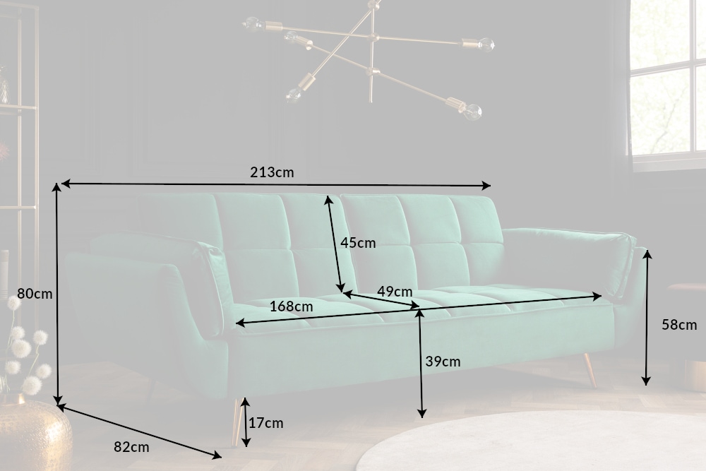 Retro Schlafsofa BOUTIQUE 215cm smaragdgrün Samt 3-Sitzer mit goldenen Füßen