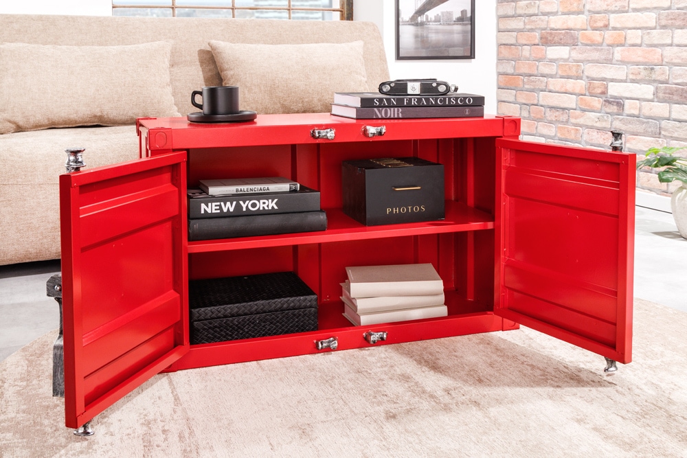 Container-Schrank GLOBETROTTER 80cm rot Metall Couchtisch mit Flügeltüren Kommode
