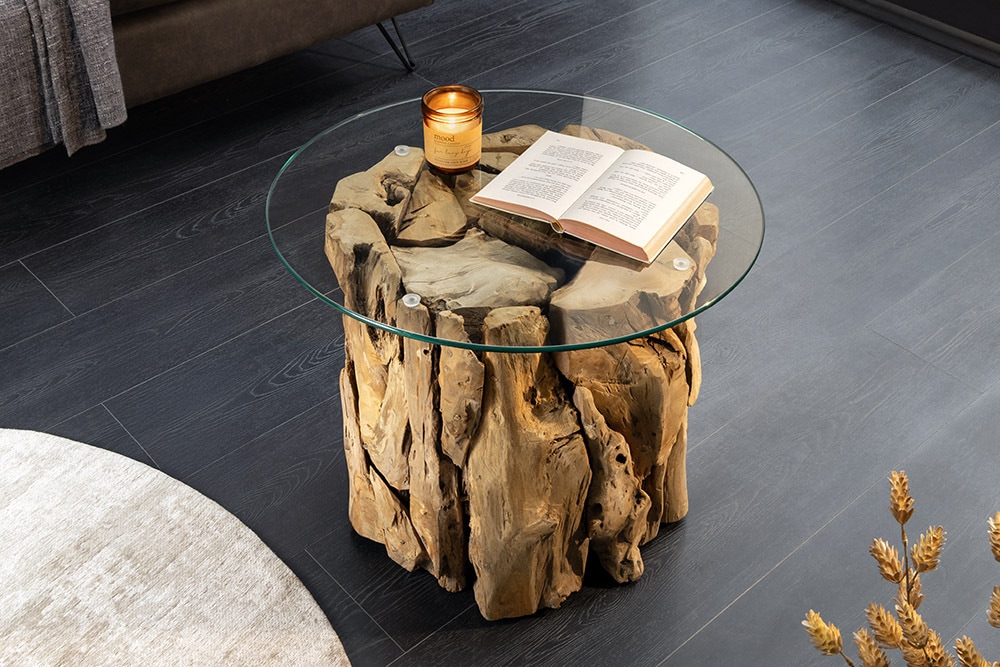Handgearbeiteter Couchtisch RIVERSIDE 60cm Teakholz runde Glasplatte Massivholz