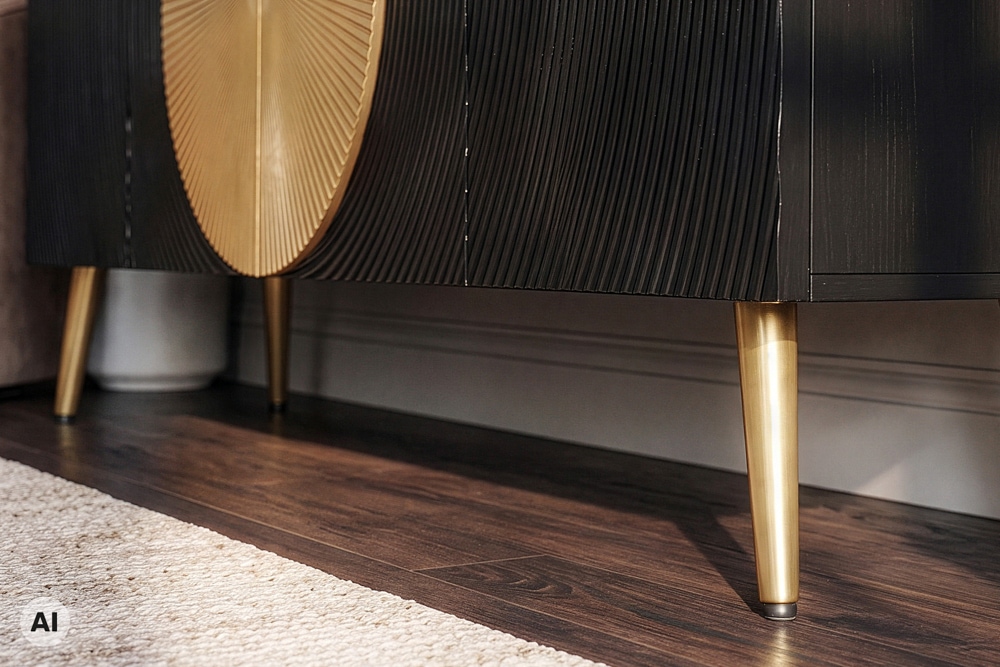 Massives Sideboard AURUM 180cm schwarz Mangoholz mit ikonischem Gold-Element