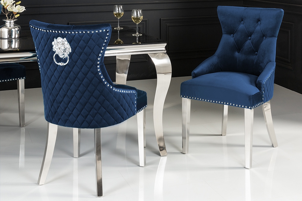 Barock Stuhl CASTLE DELUXE royalblau Samt Löwenkopf Chesterfield Design Esszimmerstuhl Nieten