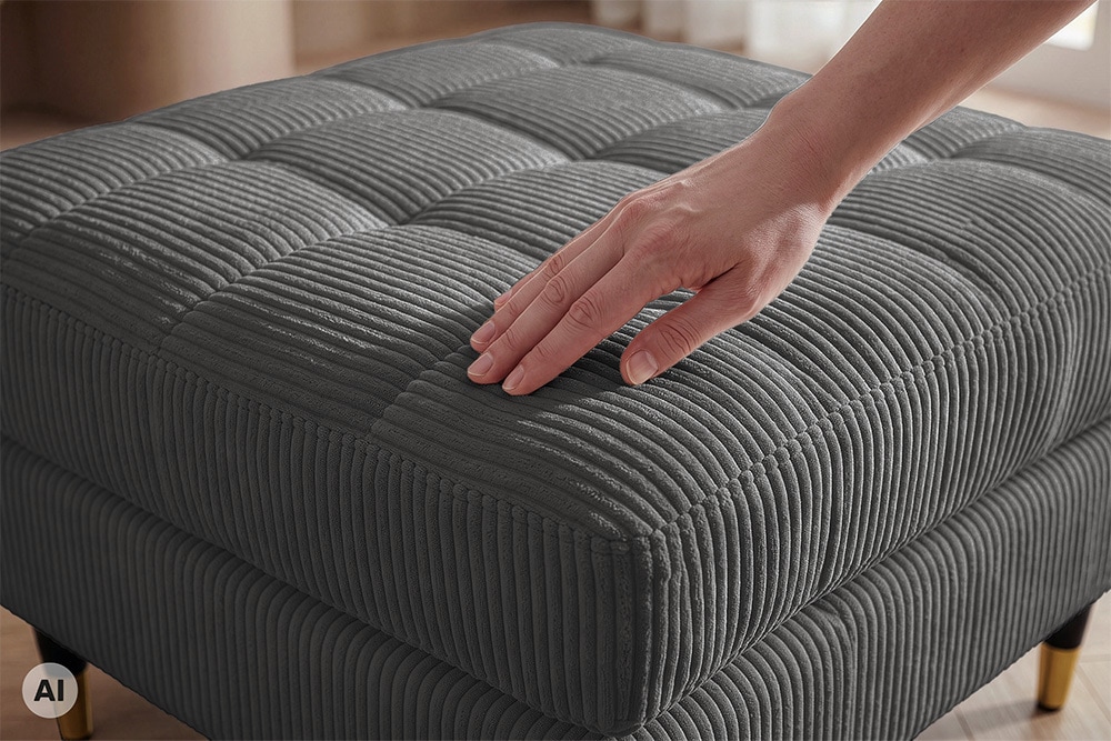 Design Hocker COZY VELVET 80cm grau Cord schwarz mit goldener Metallkappe