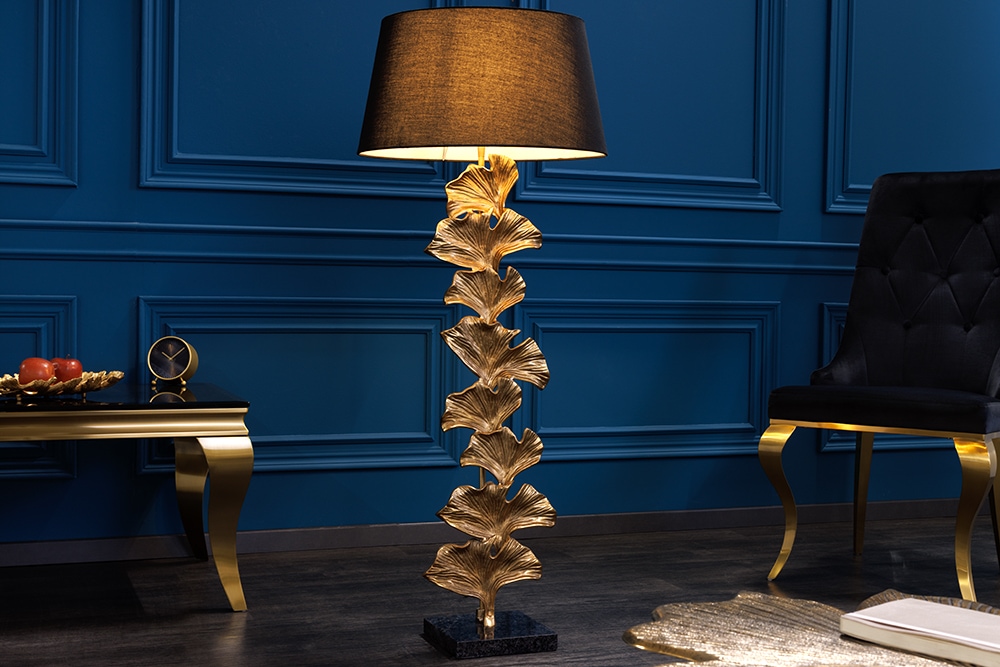 Design Stehlampe GINKGO 122cm schwarz Stoffschirm gold Metall handmade Marmor-Fuß