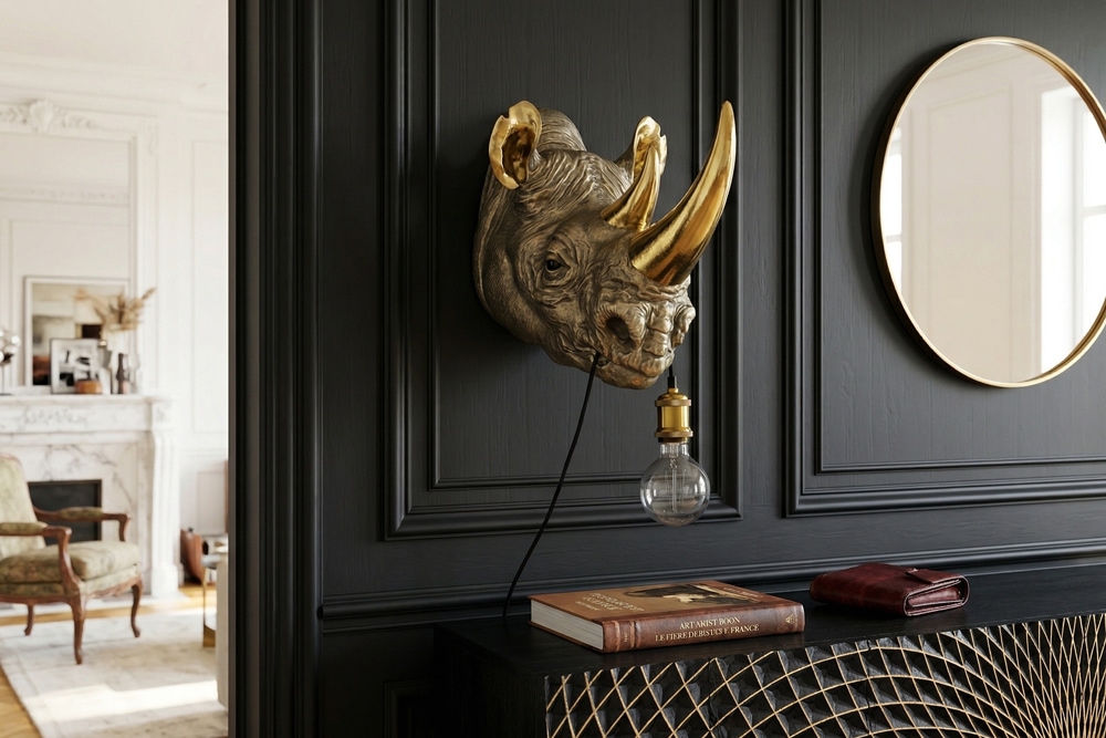 Moderne Wandlampe RHINO 40cm gold Nashorn-Skulptur handmade