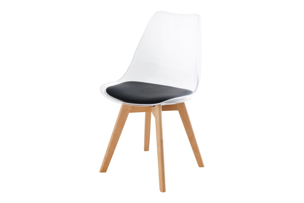 Design Stuhl SCANDINAVIA MEISTERSTÜCK transparent schwarz Kunststoff Buchenholz natur