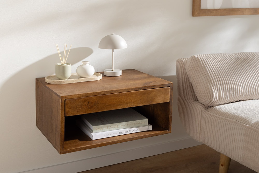 Hängender Nachttisch PURE 50cm braun Mangoholz honey finish Wandregal Schublade