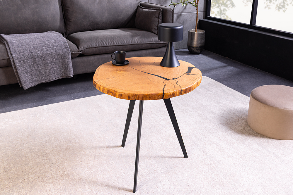 Runder Couchtisch ARBOR 55cm natur Eiche Massivholz schwarz Metall Beistelltisch