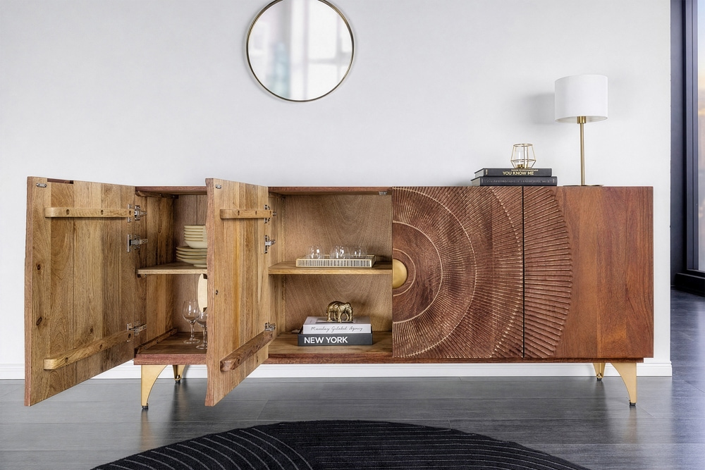 Handgearbeitetes Sideboard GOLDEN SUNSET 180cm braun mit 3D Schnitzereien gold Mangoholz Metallbeine