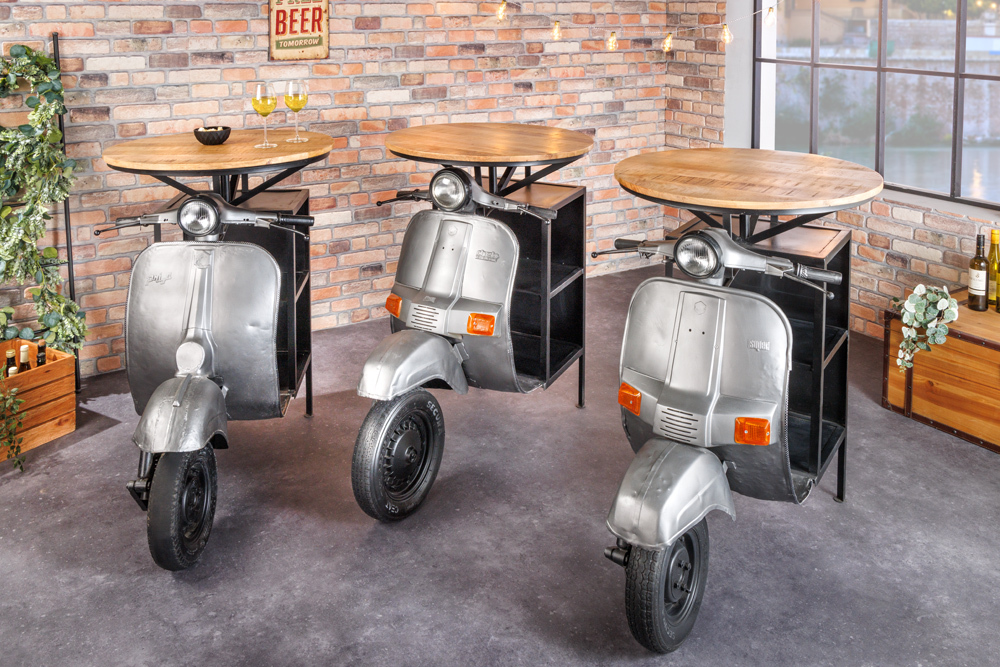 Vintage Bartisch UPCYCLING SCOOTER 120cm silber Mangoholz rund handmade