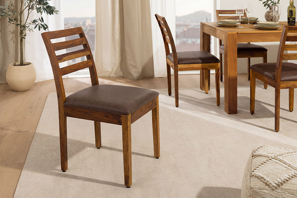Massiver Stuhl MAKASSAR braun stone finish Sheeshamholz braun Microfaserstoff Massiver Stuhl MAKASSAR braun stone finish Sheeshamholz braun Microfaserstoff