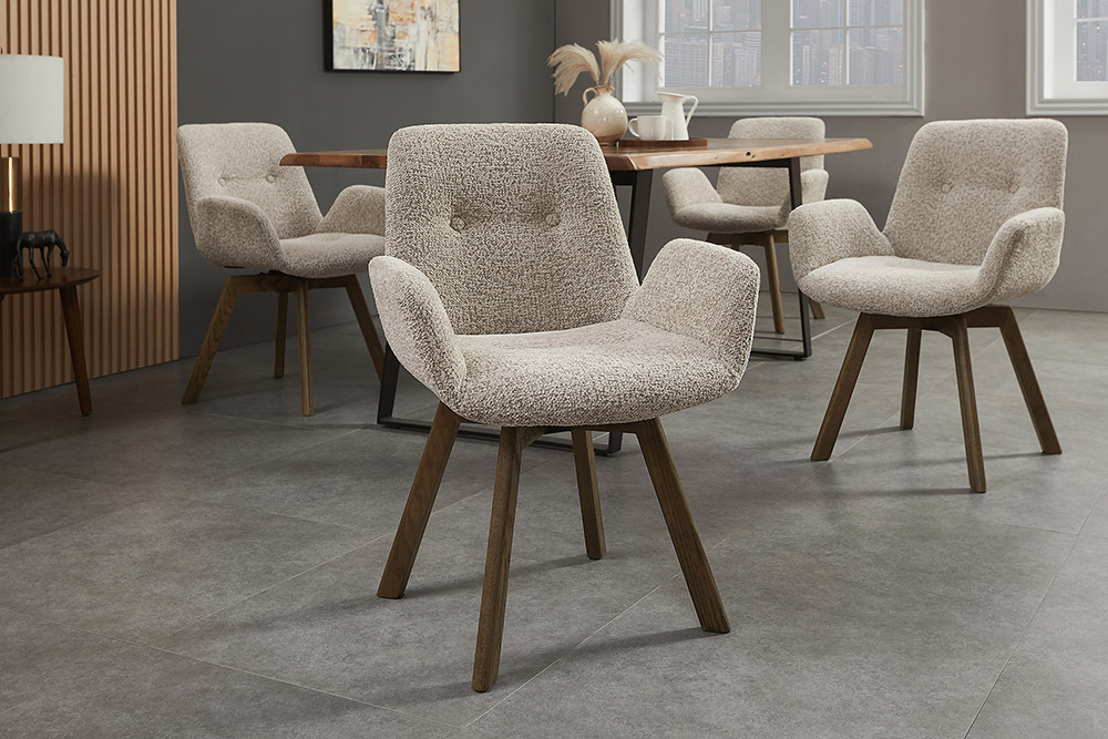 Drehbarer Design Stuhl BALTIC taupe Bouclé Tweed Soft Eiche Massivholz Walnuss