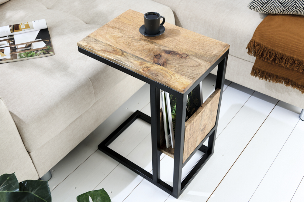 Moderner Laptoptisch CONCIERGE 60cm natur Mangoholz Beistelltisch mit Stauraum Metallgestell