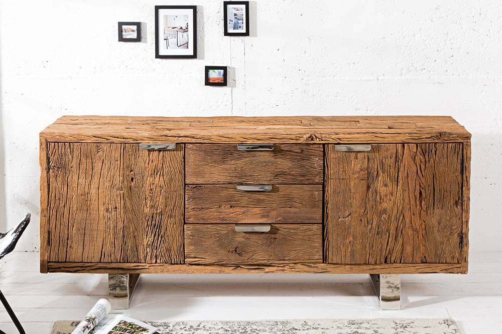 Massivholz Sideboard BARRACUDA 160cm Teak antik Kommode mit Schubladen Stahl Kufenfüßen