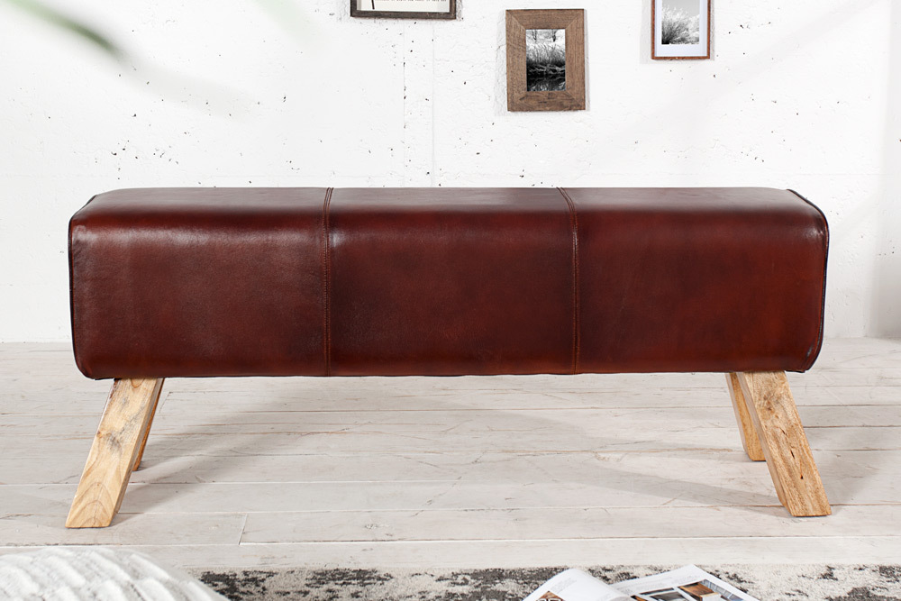 Retro Sitzbank TURNBOCK 120cm mit Echtleder Bezug Mangoholz Bank