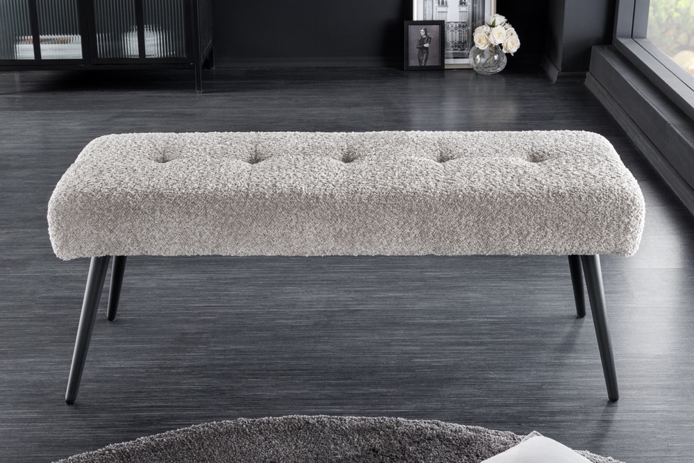 Design Sitzbank BOUTIQUE 100cm champagner greige Bouclé schwarze Metallbeine Polsterbank