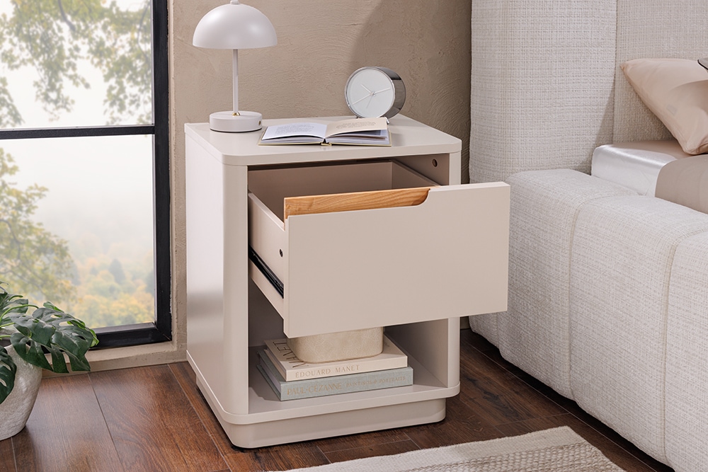 Design Nachtschrank LIV 55cm cashmere weiß mit Schublade und offenem Fach