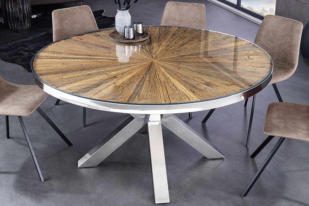 Runder Esstisch BARRACUDA 120cm braun Teak Massivholz Glasplatte silber Edelstahl verchromt