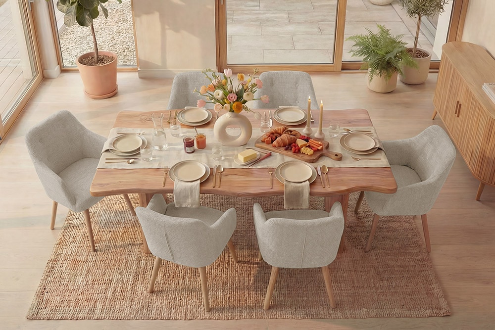 Nordischer Stuhl SCANDINAVIA MEISTERSTÜCK beige natur Strukturstoff Massivholzbeine