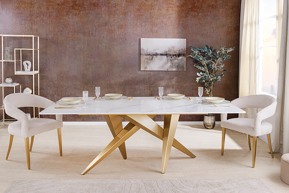 Design Esstisch ART LIVING 200cm weiß Marmor Keramik Metall brushed champagner gold » Jetzt kaufen