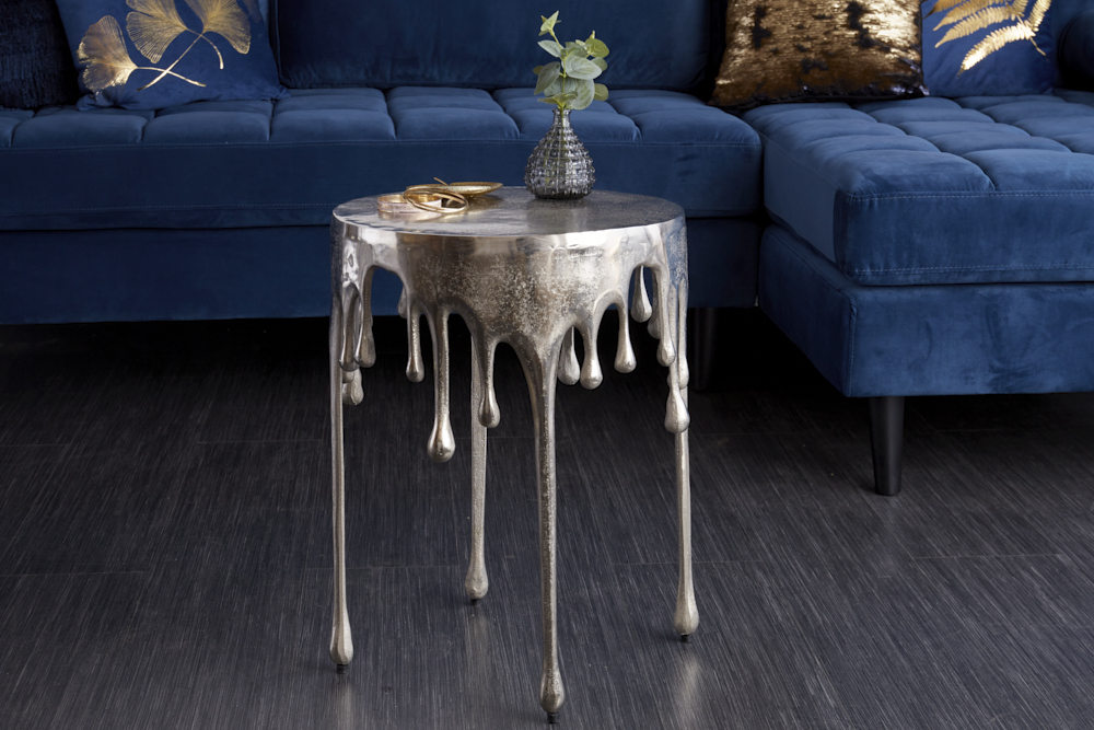 Extravaganter Beistelltisch LIQUID LINE 50cm silber Tropfen-Design Metall Aluminium rund
