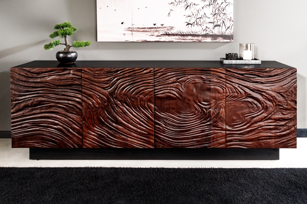 Massives Sideboard FLUID 175cm walnuss-braun Akazienholz 3D-Design schwarzer Sockelfuß