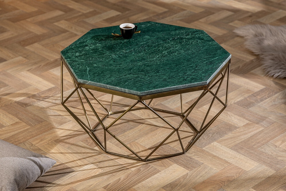 Eleganter Couchtisch DIAMOND 70cm grün messing mit Marmorplatte