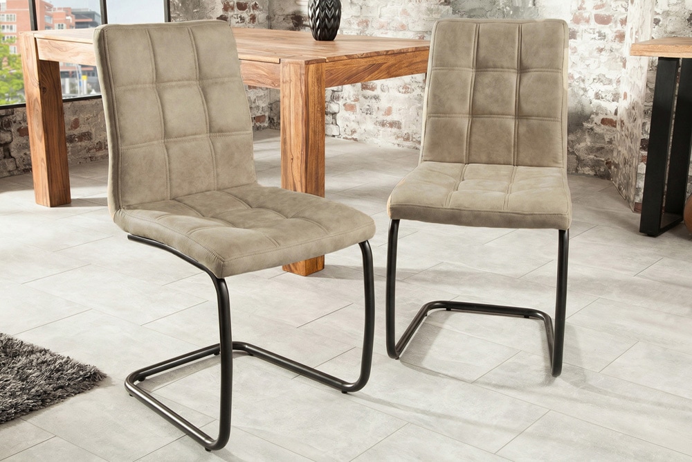 Design Freischwinger Stuhl MODENA vintage beige Microfaser mit Ziersteppung