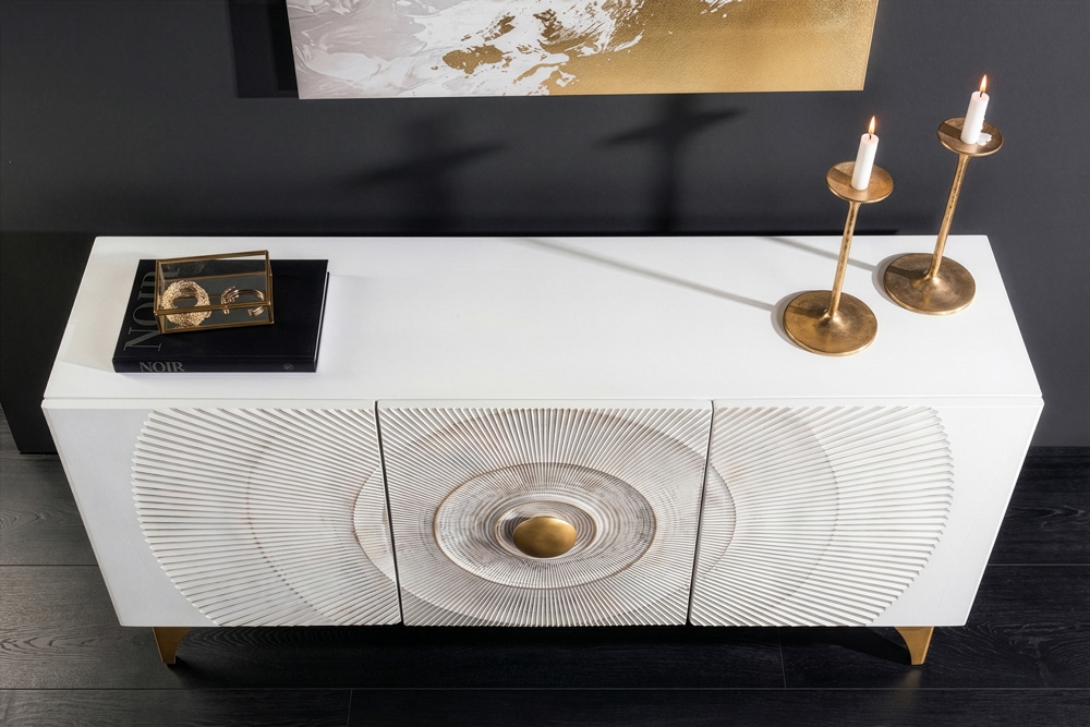 Handgearbeitetes Sideboard GOLDEN SUNSET 140cm weiß mit 3D Schnitzereien gold Mangoholz Metallbeine
