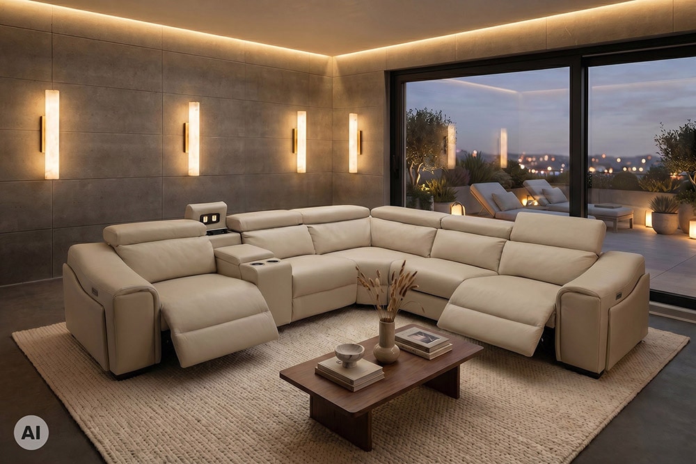 Multifunktionales Ecksofa PRIME 300cm beige Kunstleder Relaxfunktion Getränkehalter