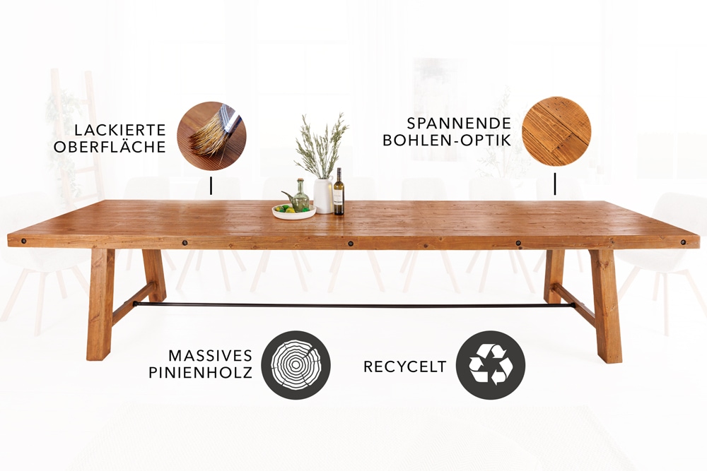 Massiver Esstisch FINCA 300cm vintage braun Pinienholz Bohlenoptik