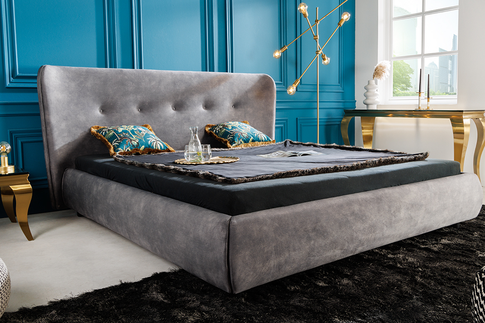 Retro Doppelbett FLORENZ 180x200cm grau Samt Polsterbett Kingsize