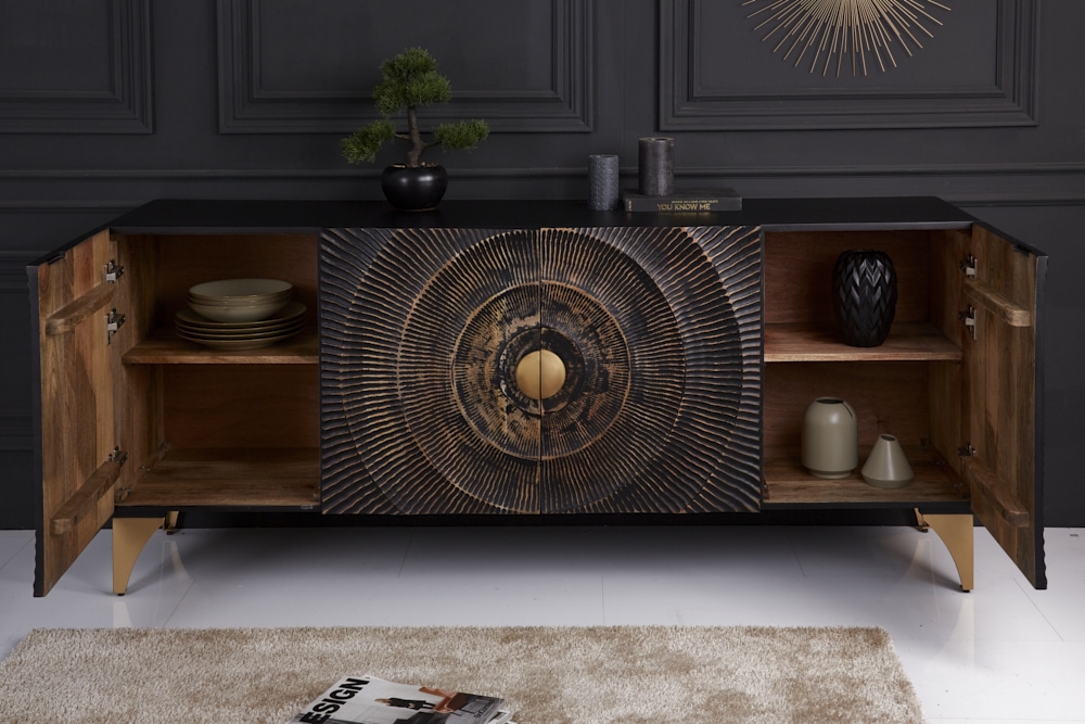 Handgearbeitetes Sideboard GOLDEN SUNSET 180cm schwarz mit 3D Schnitzereien gold Mangoholz Metallbeine