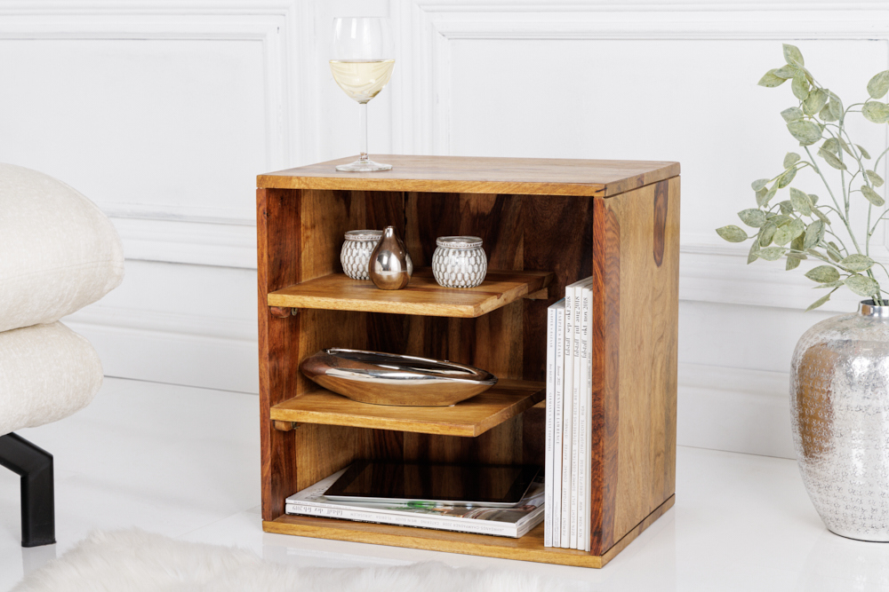 Massivholz Beistelltisch CUBUS 45cm braun Sheesham stone finish Regal Nachttisch