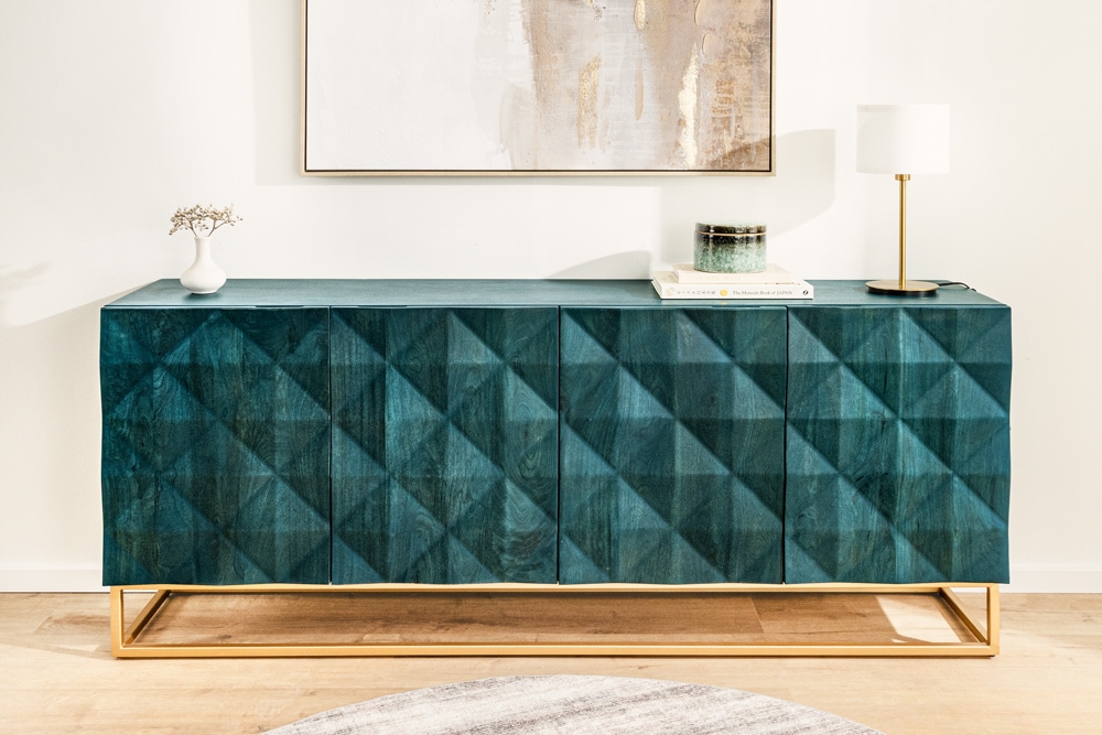Massives Sideboard VULCANO 180cm türkis Mangoholz gold Metallgestell