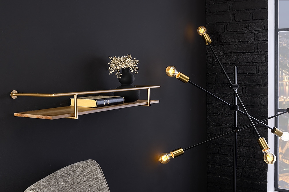 Massives Wandregal HERITAGE 75cm natur Pinienholz gold Metall