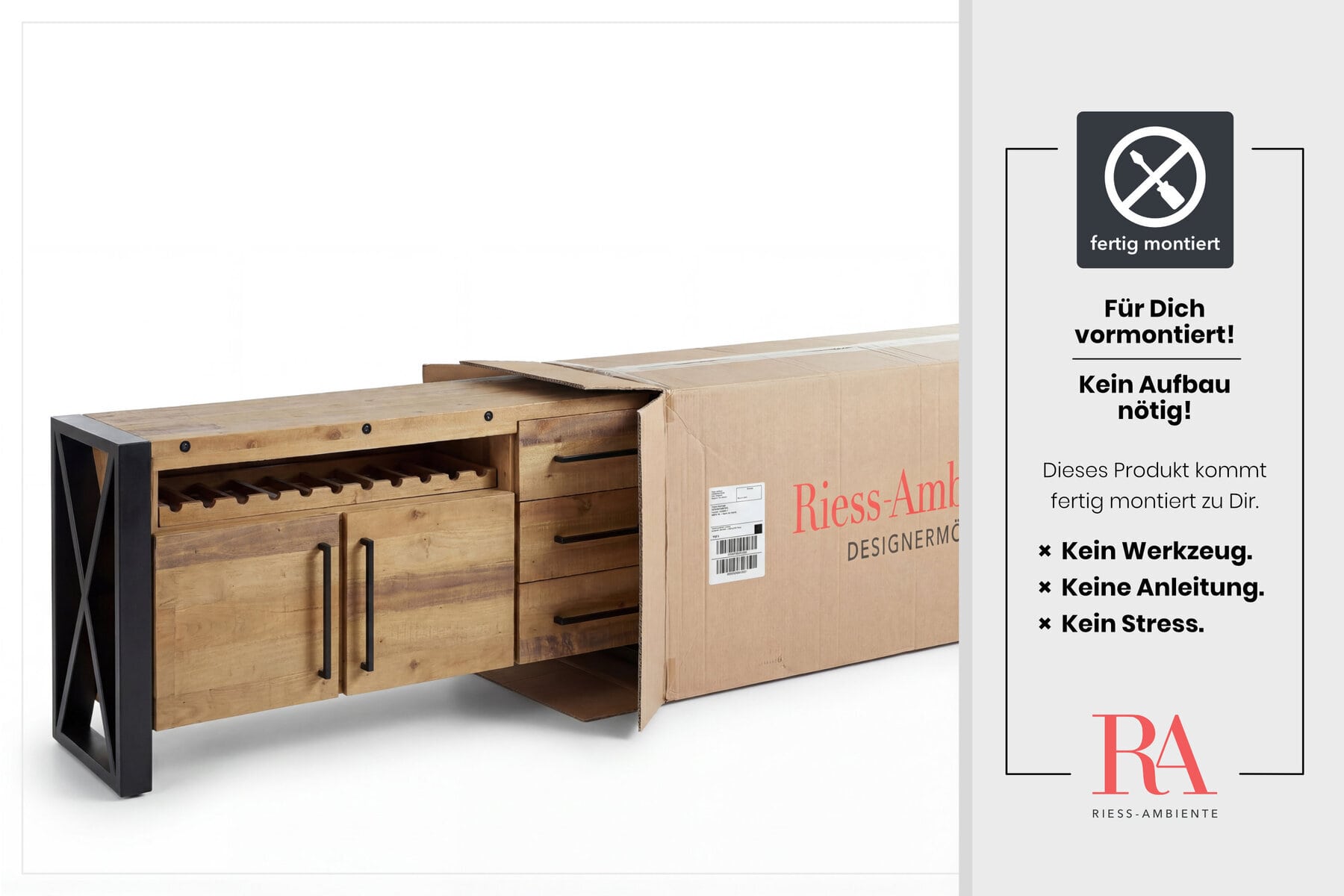 Massivholz Sideboard THOR 195cm braun Pinie mit Schubladen Weinregal Industrial Design