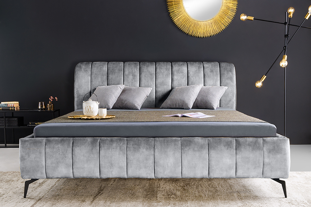Retro Bett AMSTERDAM 180x200cm grau Samt schwarz Metall Polsterbett