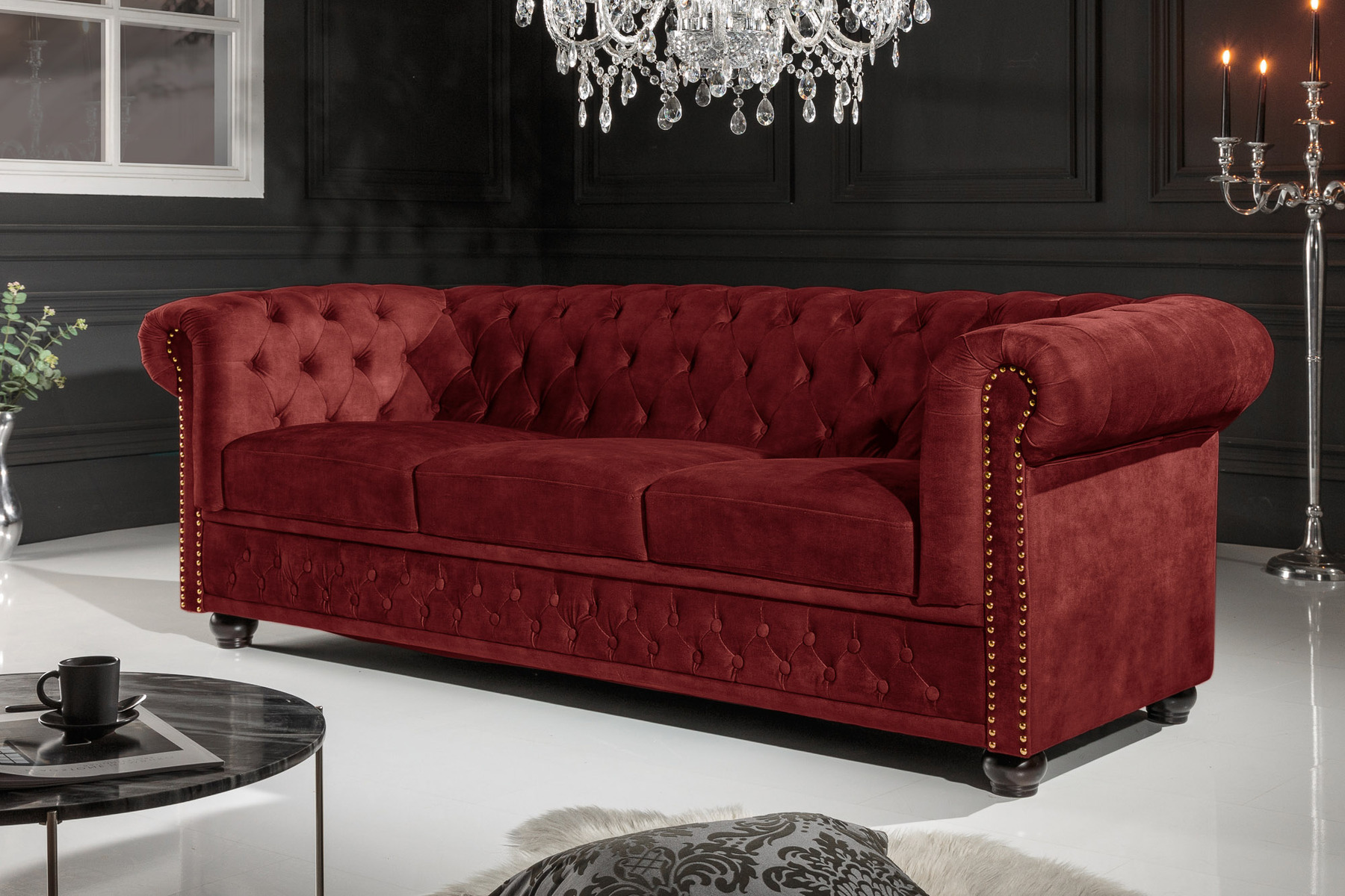 Barock Sofa CHESTERFIELD 205cm bordeaux rot Samt Federkern Knopfheftung 3-Sitzer Couch