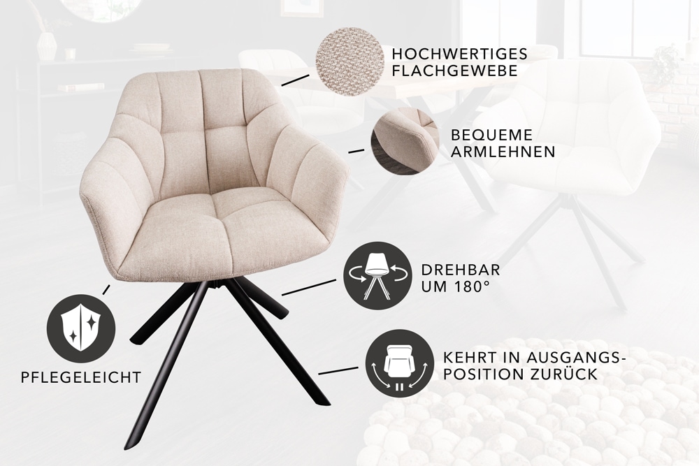 Drehbarer Stuhl PAPILLON champagner beige Ziersteppung Metallgestell schwarz mit Armlehne