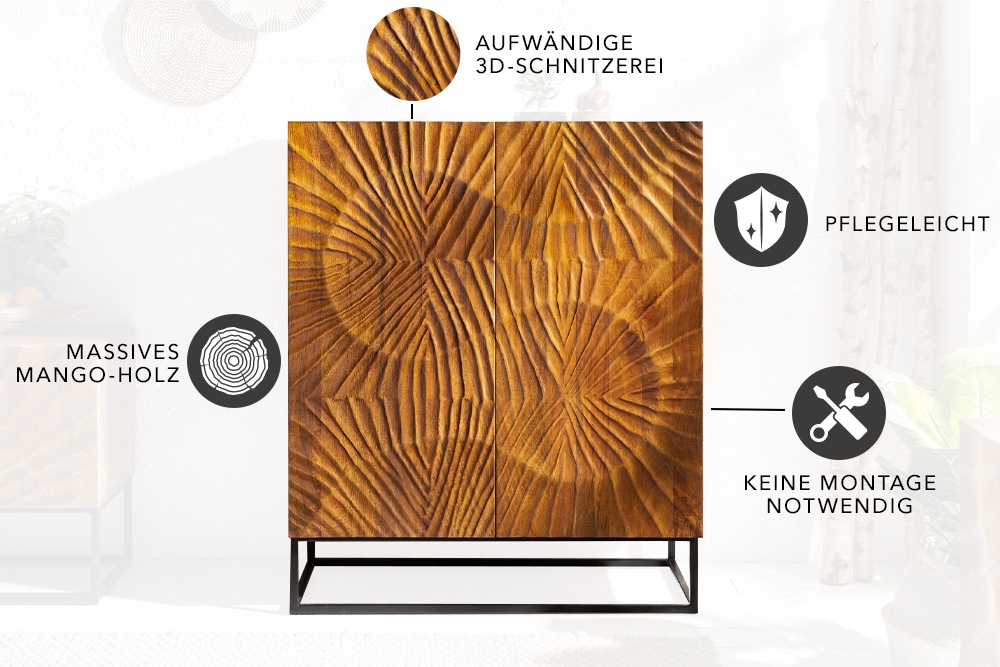 Massives Highboard SCORPION 120cm braun Mangoholz aufwendige 3D Schnitzereien