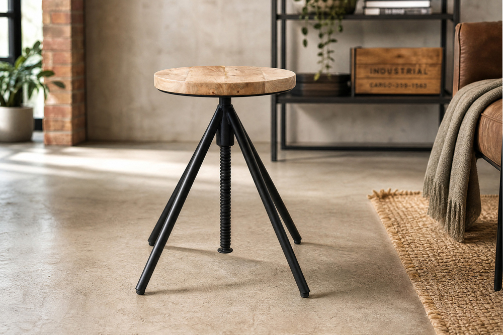 Höhenverstellbarer Hocker FACTORY 60cm natur Mangoholz Metall Sitzhocker